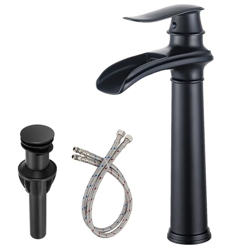 Bathroom Vessel Sink Faucet, Waterfall Oil Rubbed Bronze Bathroom Faucet, Vessel Faucet, Tall Body 1 Hole Single Handle with Pop Up Drain Combo Vanity Mixer Tap Basin Bowl Sink