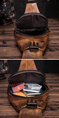 Le'aokuu Men Fashion Casual Tea Designer Travel Hiking Crossbody Chest Sling Bag Rig One Shoulder Strap Bag Men Leather 8015