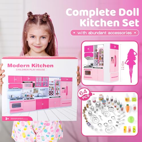 64 PCS Pink Kitchen Toys with Lights Sounds|Mini Kitchen House Furniture Sets for Kids Ages 4-8|Doll Playset Toys for Toddlers 3-5|Birthday Gifts for 3 4 5 6 7 8 Old Girls