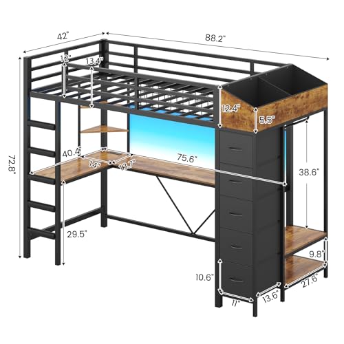 VIAGDO Loft Bed Twin Size with Hall Tree, Charging Station and LED Lights, Metal Loft Bed with L-Shaped Desk, 5 Storage Drawers, Heavy Duty Twin Size Bed with Stairs, No Box Spring Needed, Black