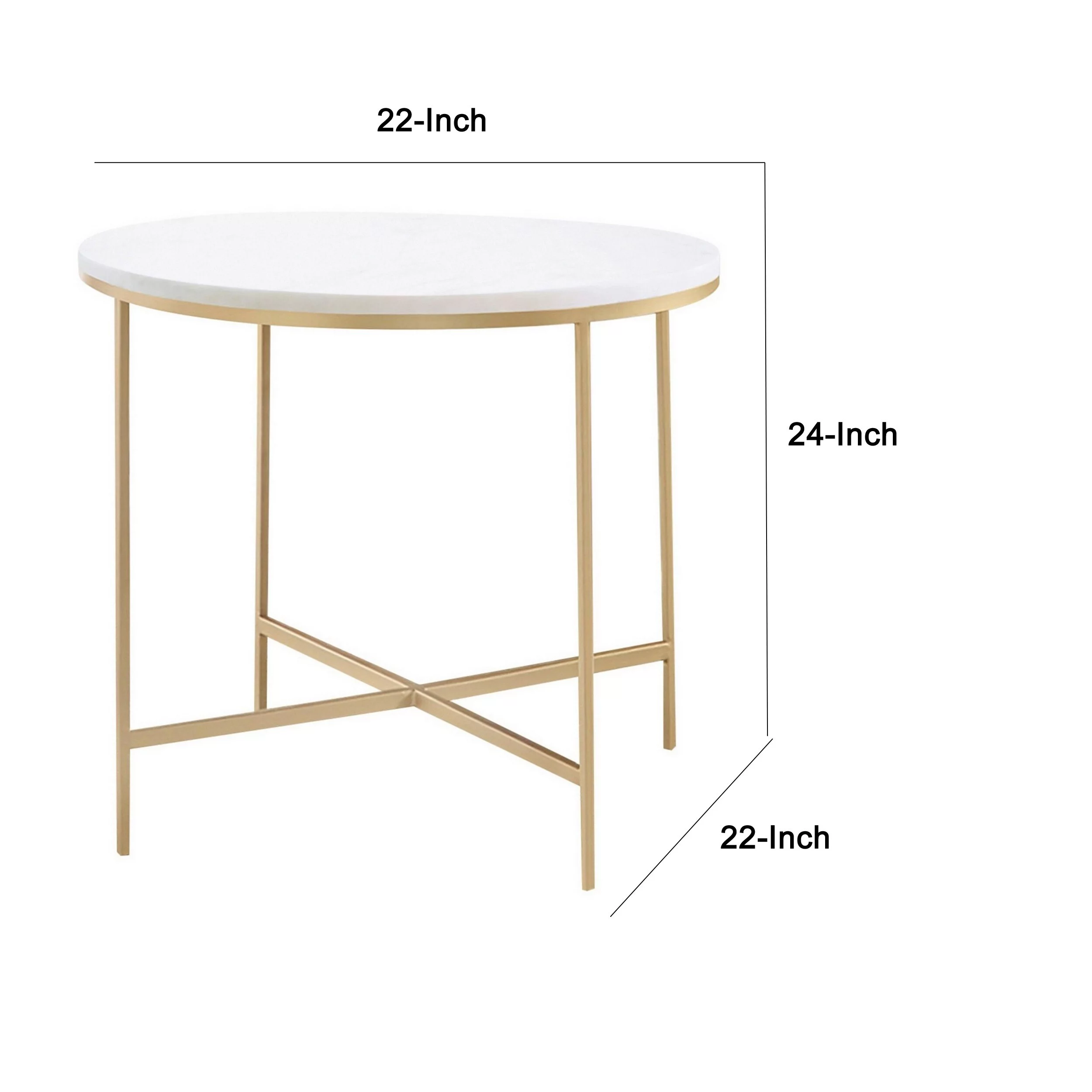 24 Inch Side End Table, Rounded Marble Surface, Sleek Gold Metal Frame