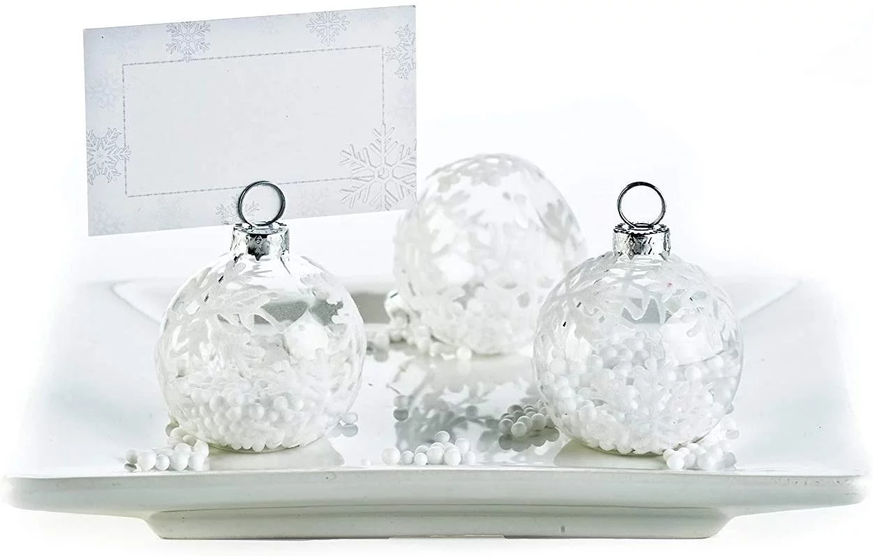 Kate Aspen Place Card Holders (Place Cards Included) - Set of 12 - Table Number Holder for Weddings, Snow Flurry Flocked Glass Ornament for Table Assignments at Bridal Showers or Anniversaries