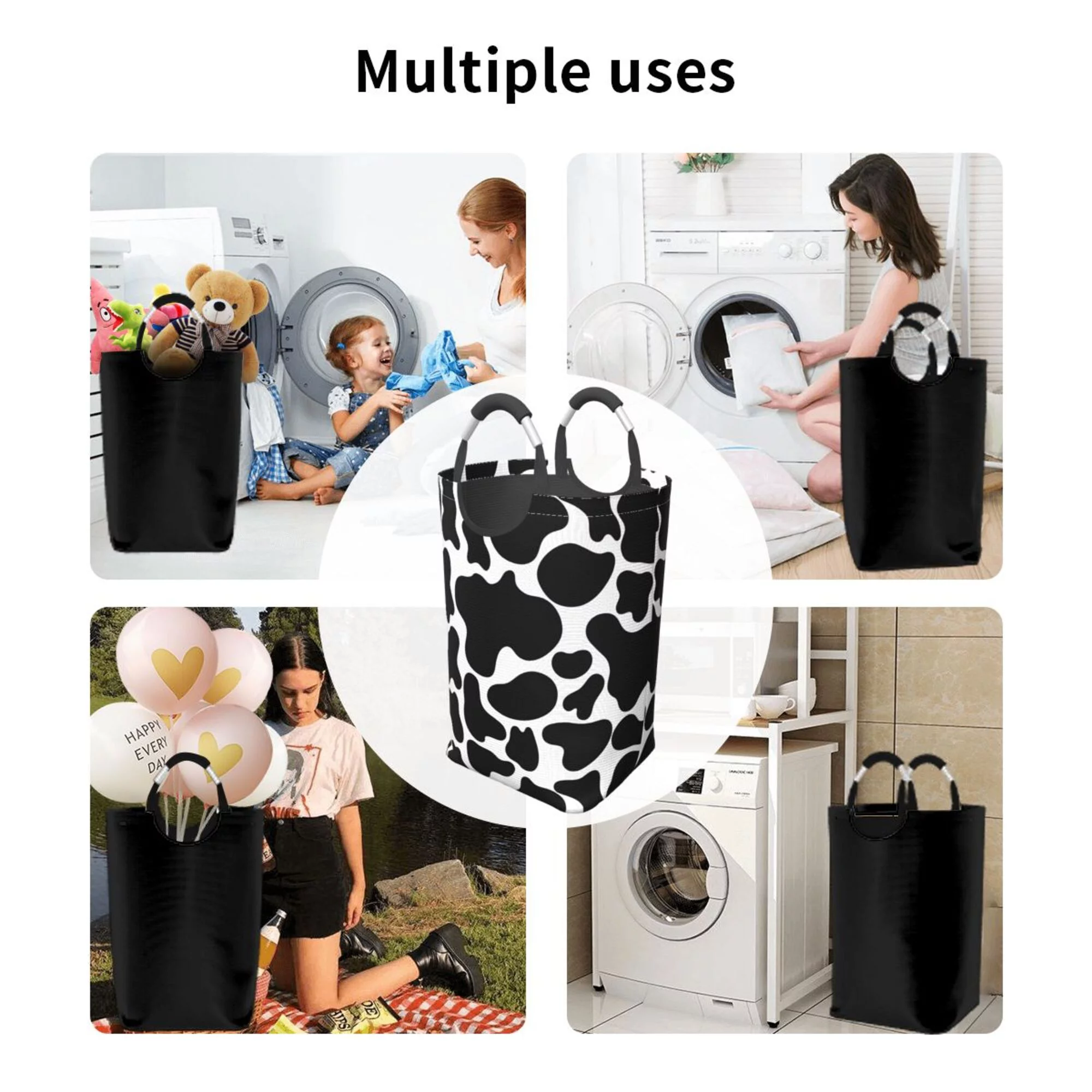 TEQUAN 50L Large Rectangular Laundry Hamper with Aluminum Handles, Abstract Black and White Cow Stria Prints Waterproof Foldable Dirty Clothes Basket