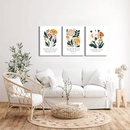 3pcs Bible Blessing Wall Art Christian Wall Decor Pictures Botanical Flowers Posters Prints The Lord Bless Youand And Giveyou Peace Canvas Paintings for Living Room Bedroom Church Decoration Unframed