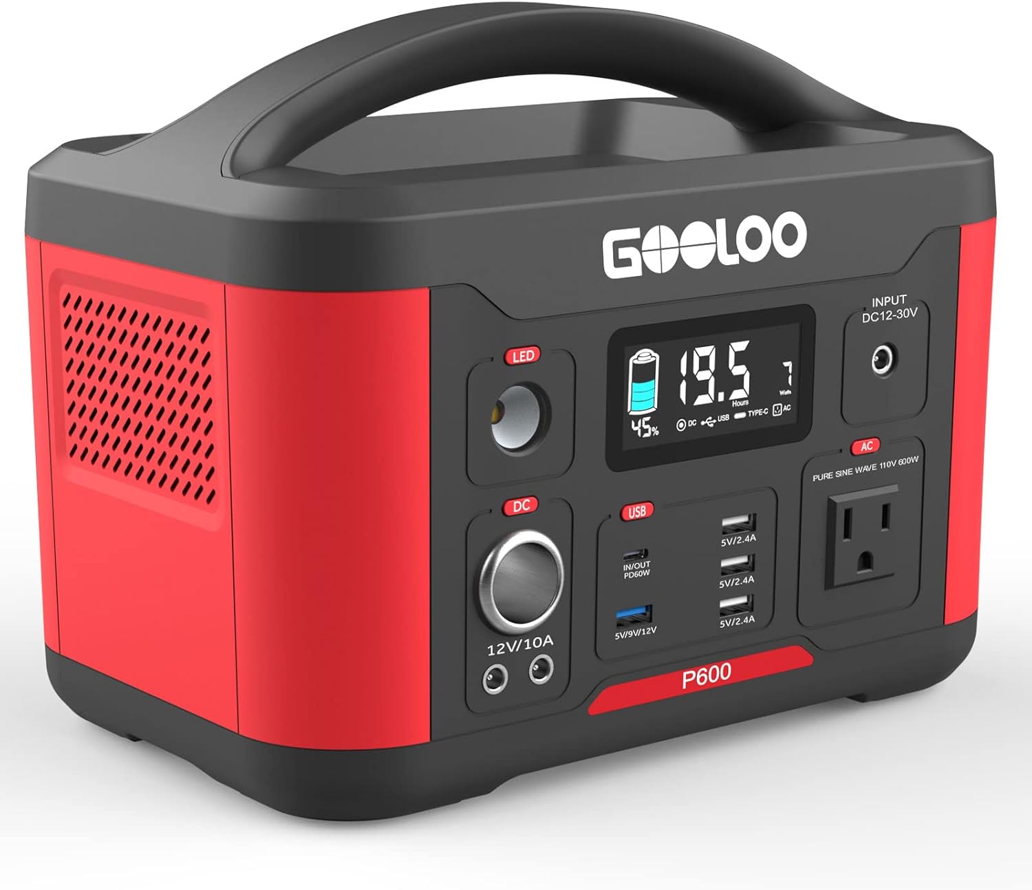 GOOLOO Portable Power Station P600, 626Wh Outdoor Generator with 110V/600W AC Outlets & LED Flashlight,PD 60W Input/Output, QC 3.0 Port, SuperSafe Backup Lithium Battery for Outdoor RV/Van Camping, Emergency