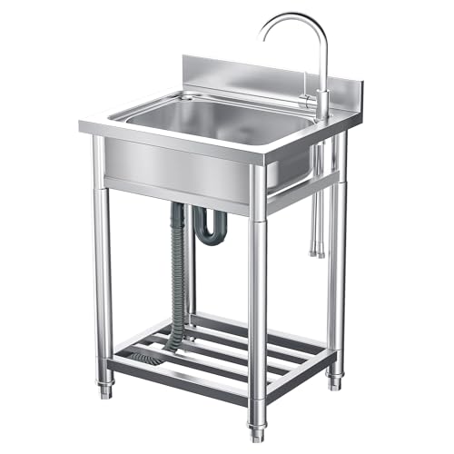 Stainless Steel Utility Sink, Free Standing Single Bowl Kitchen Sink with Cold and Hot Water Pipes, Portable Laundry Sink with Storage for Indoor & Outdoor (21.6in)