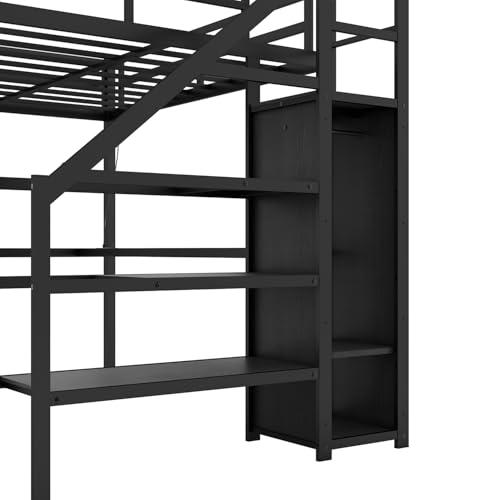 Twin XL Industrial Metal Loft Bed with L-Shaped Desk, USB, LED, Wardrobe, Adjustable Shelves, and Stairs (Black)