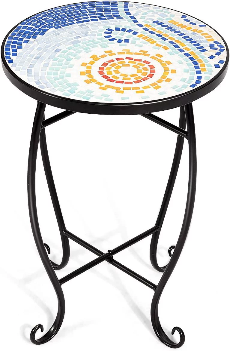 Side Table Outdoor Mosaic Round 14 Inch W/Glass Table Top And Steel Frame For Patio, Lawn, Garden, Balcony And Home Décore Small End Table (Navy)