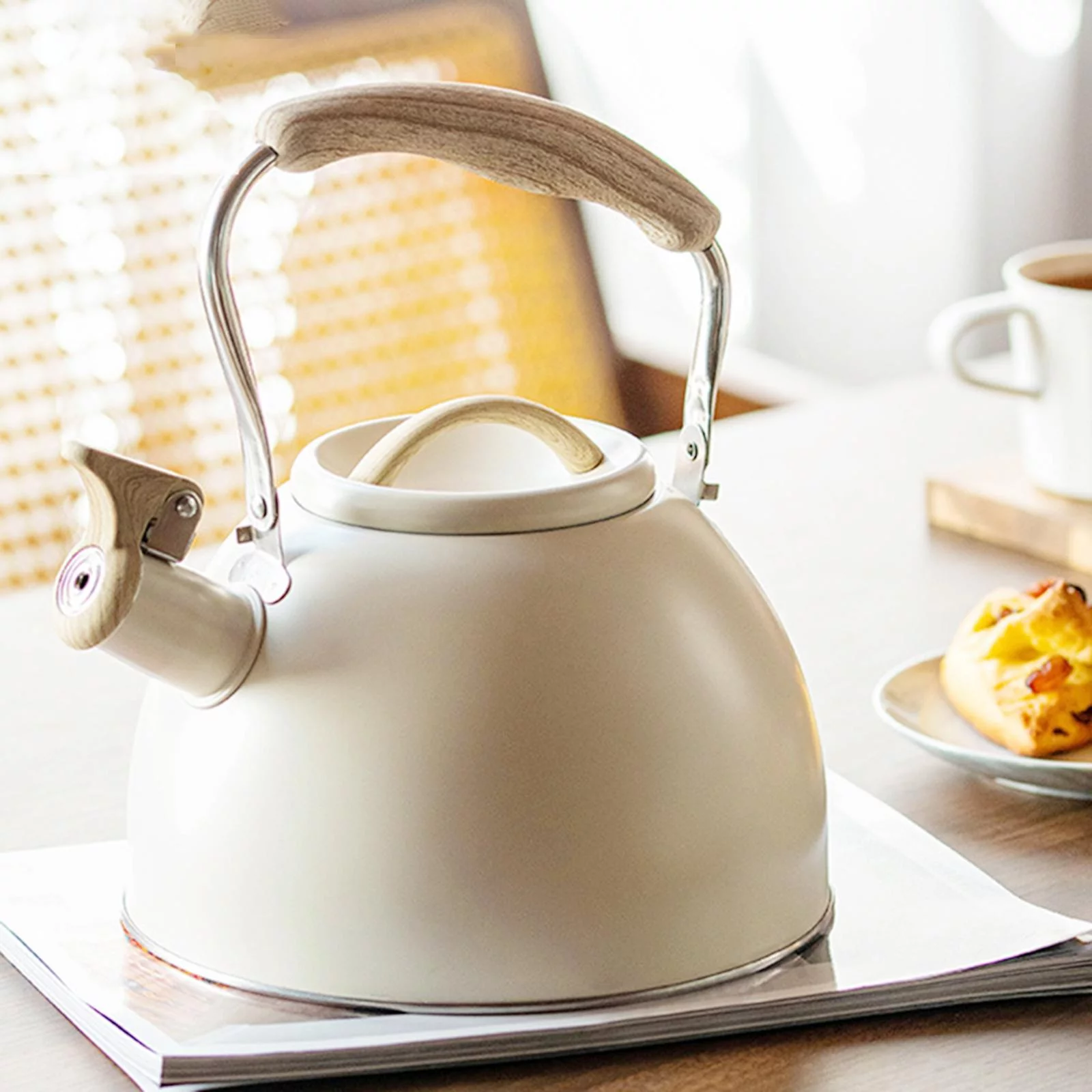 fashionsho Household Whistling Kettle 3L Large Capacity Wer Kettle for Boiling Beige