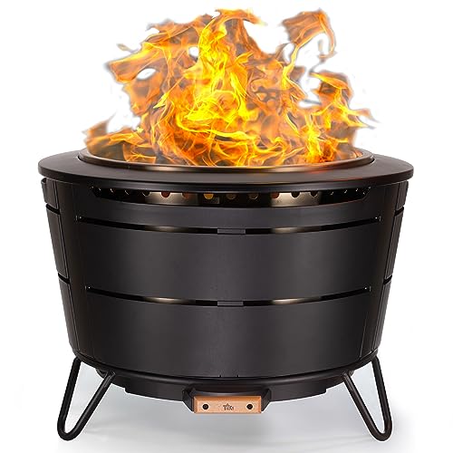 TIKI Brand Reunion Smokeless Fire Pit | Large Wood Burning Outdoor Fire Pit, Great for Large Gatherings - Includes Starter Pack, Modern Design with Removable Ash Pan, 27.5x27.5x20 in, Black