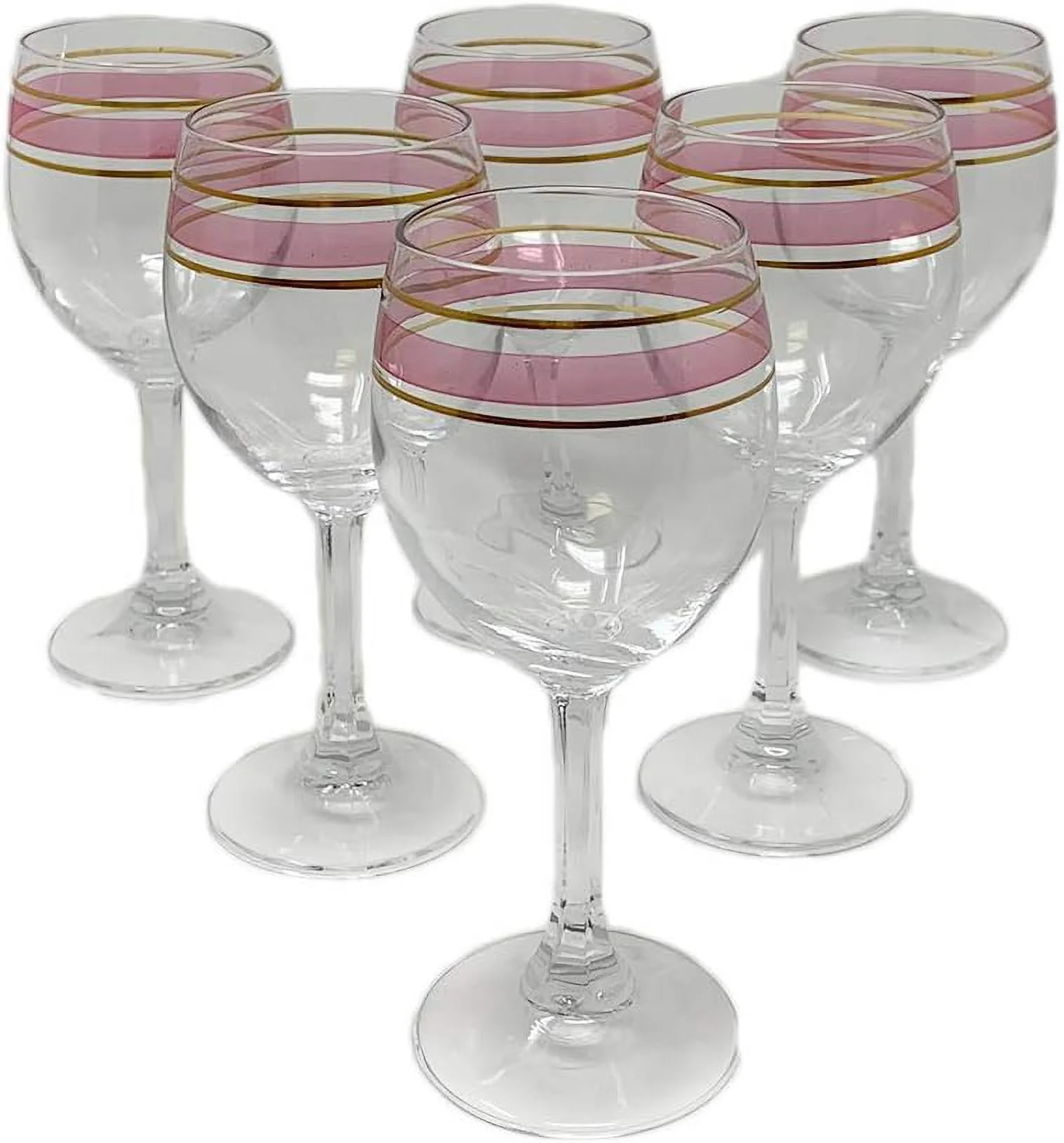Italian Crystal Set Of 6 Wine Glasses With Gold/Rose Rim Design Cappacity 6.75 Oz