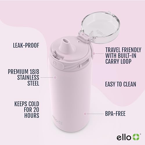 Ello Cooper 32oz Stainless Steel Water Bottle with Straw and Carry Handle, Double Walled and Vacuum Insulated Metal, Leak Proof Locking Lid with Soft Silicone Spout, Reusable, BPA Free, Yucca