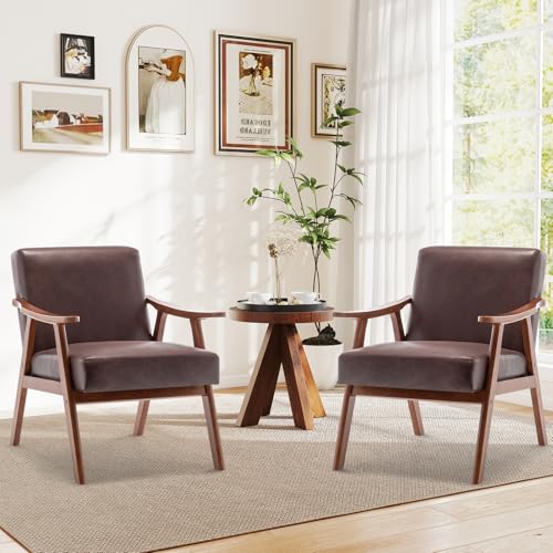 Rovibek Upholstered Accent Chair with Arms - Mid Century Modern Accent Chairs with Wood Frame, Upholstered Arm Chairs with 5.9in Thick Foam, Beige Occasional Chair, Set of 2