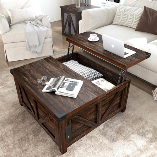 Farmhouse Lift Top Coffee Table with Storage, Wood Square Center Table with Charging Station&USB Port, Living Room Table w/Large Hidden Space, for Living Room, Bedroom, Home Office, Brown