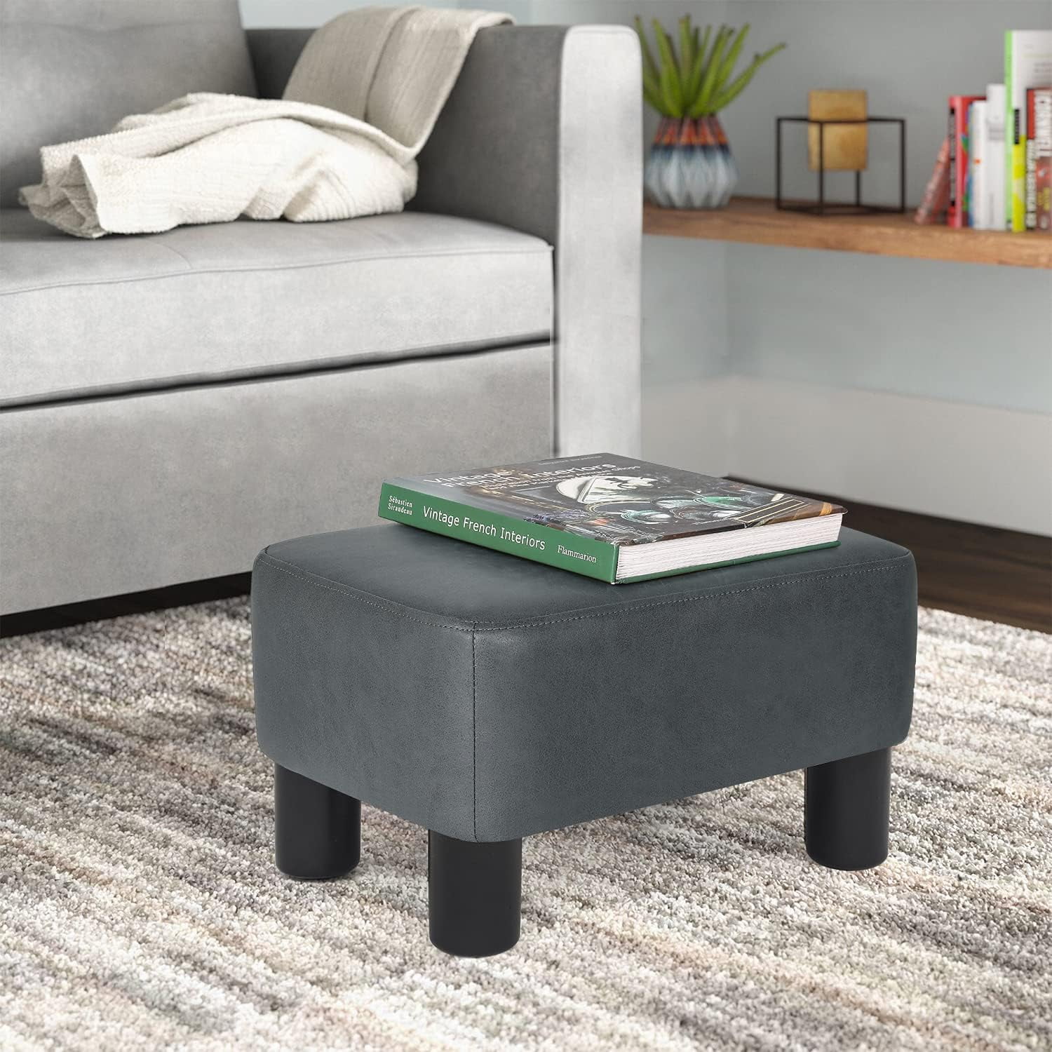 Small Footstool Ottoman Fabric Footrest Modern Rectangular Foot Stools For Living Room Bedroom (Dark Gray)
