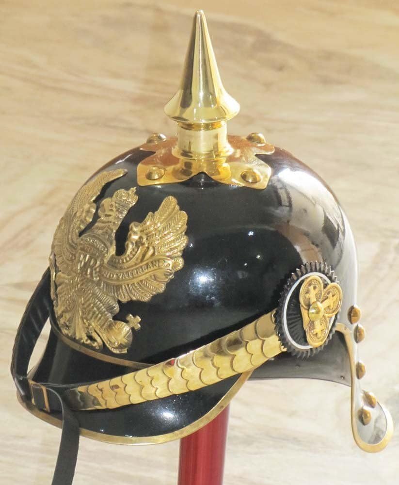 German Helmet Brass Accents Prussian PICKELHUBE Imperial Officer Spike Helmet Finish Black Painted Size Inner Circumference 67 CM