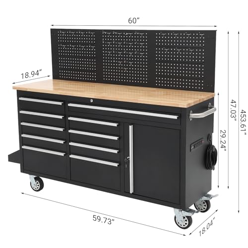 61inch Rolling Tool Chest, Garage Workbench Storage Tool Cabinet 10 with Drawers, Solid Rubber Wood Top with Power Strip, LBS Load Mobile Workstation, Heavy Duty Rolling Cabinet