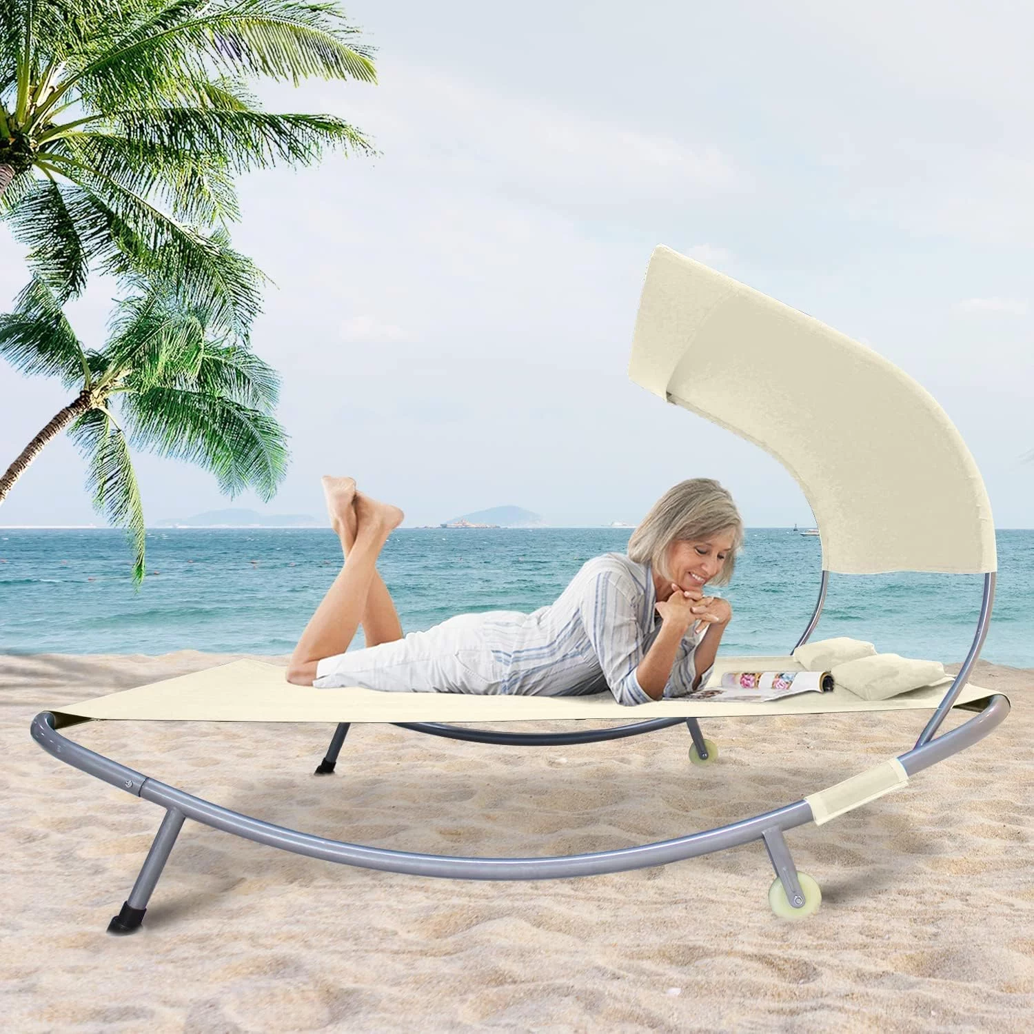 COVERONICS Patio Double Chaise Lounge Bed with Canopy,Headrest Pillow and Wheels,Portable Outdoor Hammock Bed for Patio, Yard, Pool (Beige)