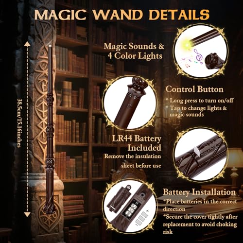 EnrichFun Light Up Magic Wand with Sounds & 4 Color Lights - 4PCS Illuminating Wizard Witch Toy Wands for Kids - Cosplay Birthday Party Favors, Brown