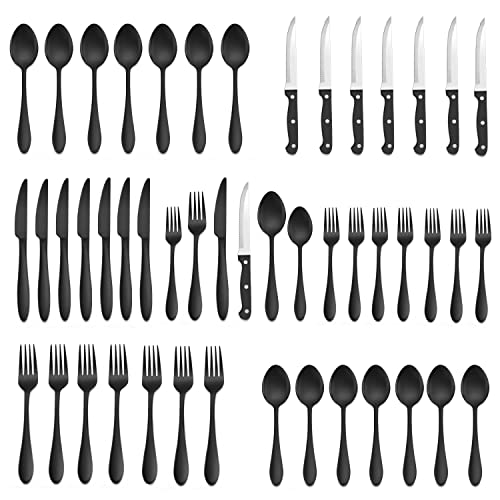 LIANYU 48-Piece Black Silverware Set with Steak Knives, Stainless Steel Flatware Cutlery Set for 8, Tableware Eating Utensils, Mirror Finished, Dishwasher Safe
