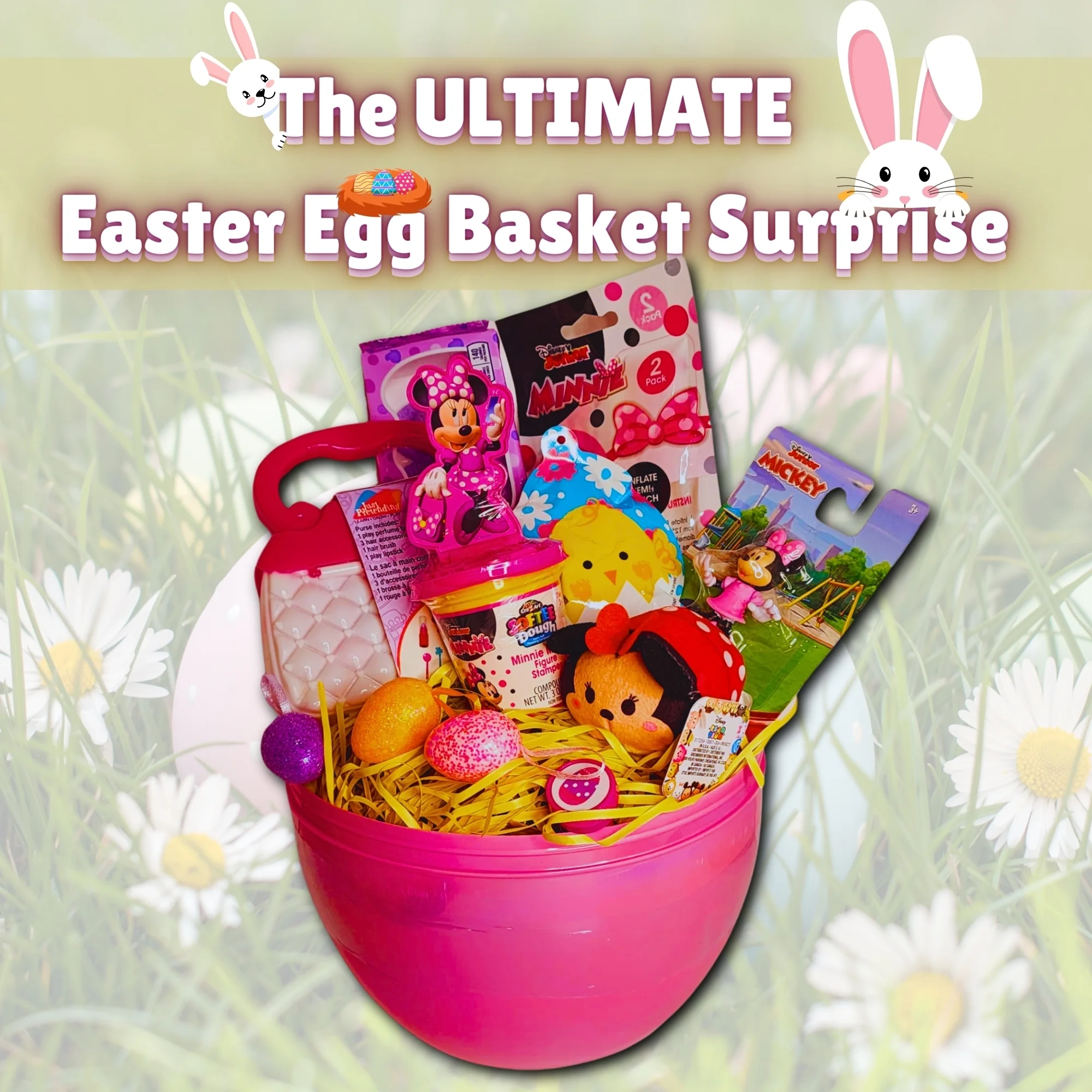 Happy Easter Basket Pre-Filled Surprise Mega Jumbo Pink Egg w/ Minnie Plush Doll Toy Dough Peeps Candies & Reusable Iridescent Plastic Egg-Shaped Container Spring Party Favors (Contents Vary)