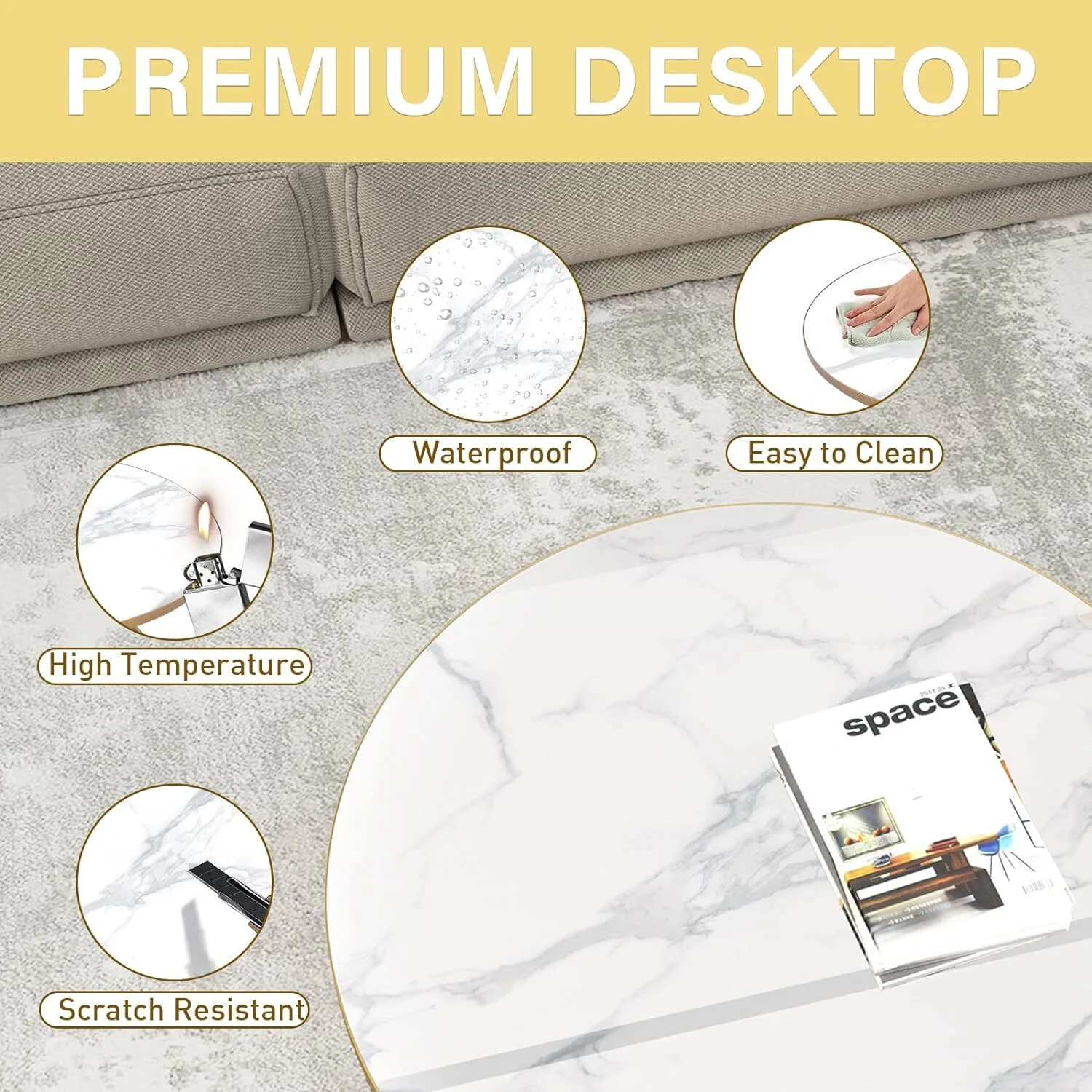 HLR Round Coffee Table with White Faux Marble Top