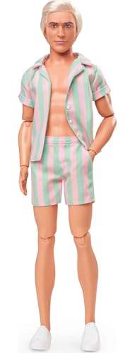 Barbie The Movie Ken Doll Wearing Pastel Pink and Green Striped Beach Matching Set with Surfboard and White Sneakers