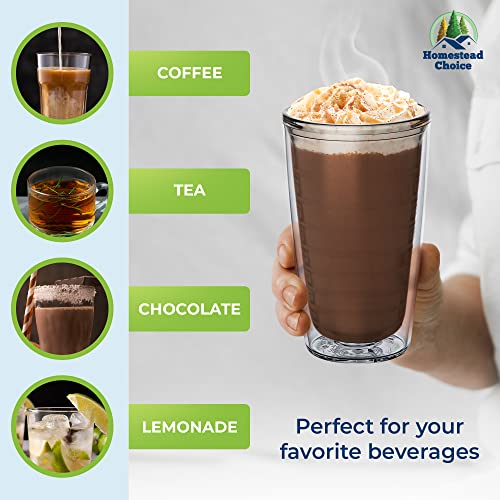 Homestead Choice 16oz Insulated Tumblers Plastic Keeps Drinks Cold & Hot, 4pack Double Walled Clear Insulated Drinking Glasses Cup, BPA-Free, Dishwasher Safe Reusable, Camping,Travel, Kitchen, Party