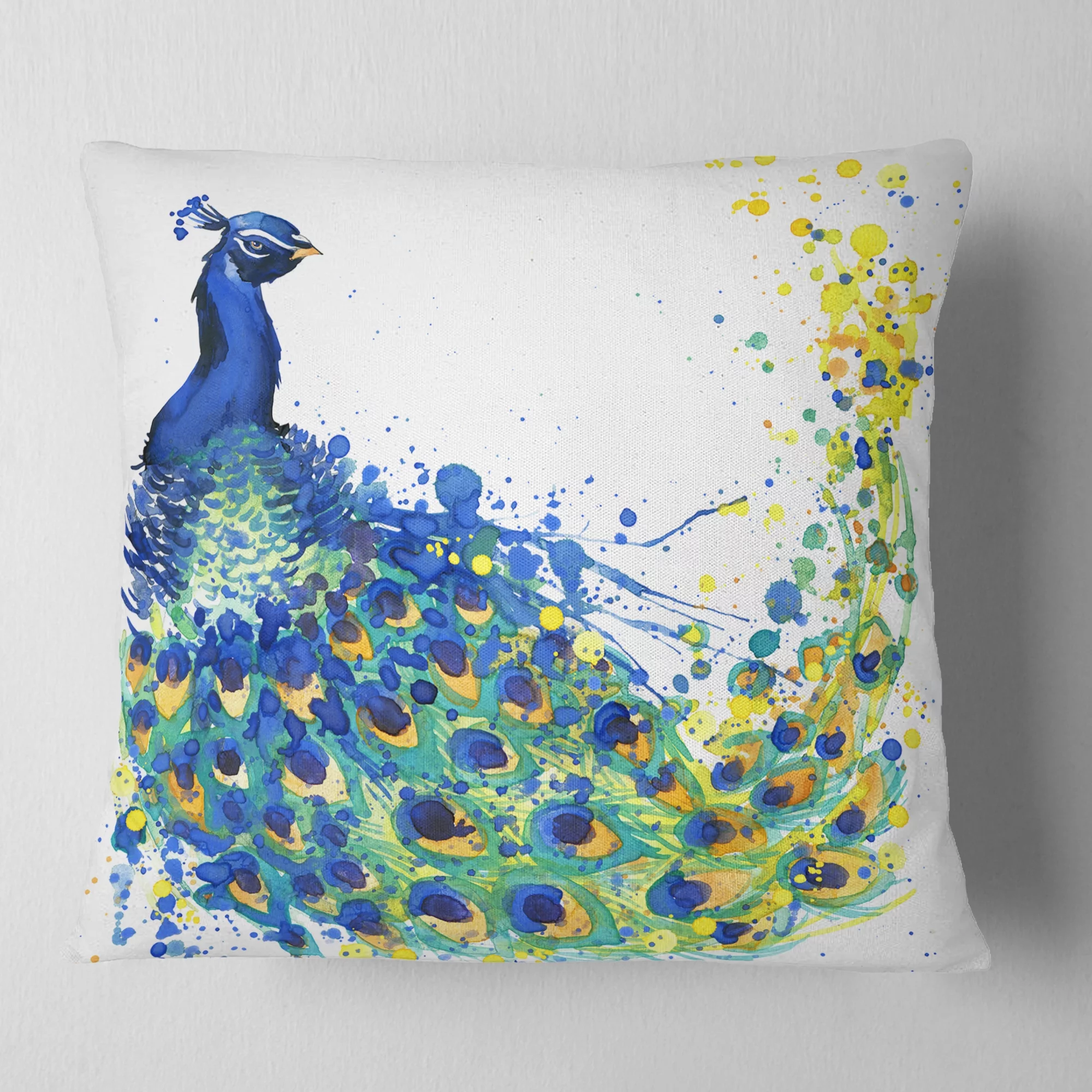 Designart Exotic Peacock Watercolor - Contemporary Animal Throw Pillow - 18x18