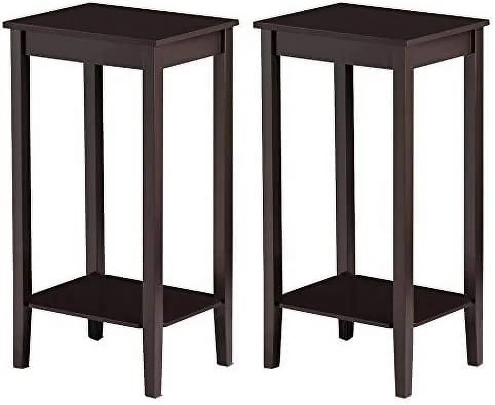 Tall Side Table Set Of 2, Wooden End Tables With Storage Shelf And Solid Wood Legs, 29In High Telephone Table Narrow Sofa Side Tables For Living Room/Small Spaces/Hallway/Study, Dark Coffee