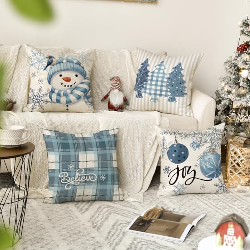 AVOIN colorlife Winter Snowman Joy Snowflake Christmas Throw Pillow Covers, 18 x 18 Inch Red Xmas Tree Winter Holiday Buffalo Plaid Cushion Case Decoration for Sofa Couch Set of 4