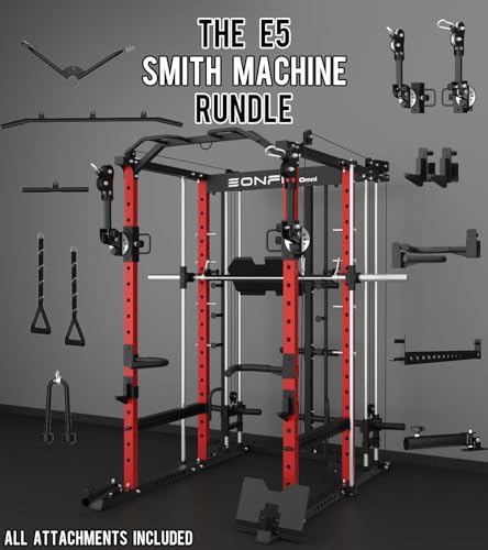 Eonfit E5 Smith Machine with Vertical Leg Press, Power Cage Squat Rack with LAT-Pull Down Cable Crossover Rotating Arms System Home Gym Equipment All in One (E5 RED)