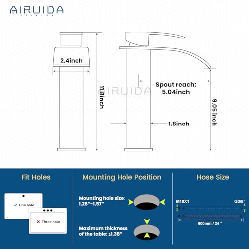 Airuida Brushed Gold Tall Waterfall Bathroom Vessel Sink Faucet Modern Bathroom Vanity Faucet Single Handle Single Hole Farmhouse Bar Mixer Tap Washbasin Faucet Deck Mount