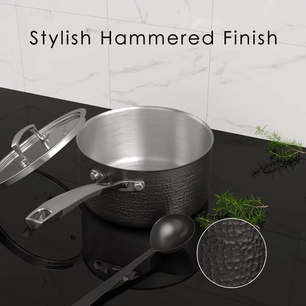 Homaz life Pots and Pans Set  Tri-Ply Stainless Steel Hammered Kitchen Cookware  Induction Compatible  Dishwasher and Oven Safe  Non-Toxic  Professional Grade Cooking Sets  7-Piece  Silve