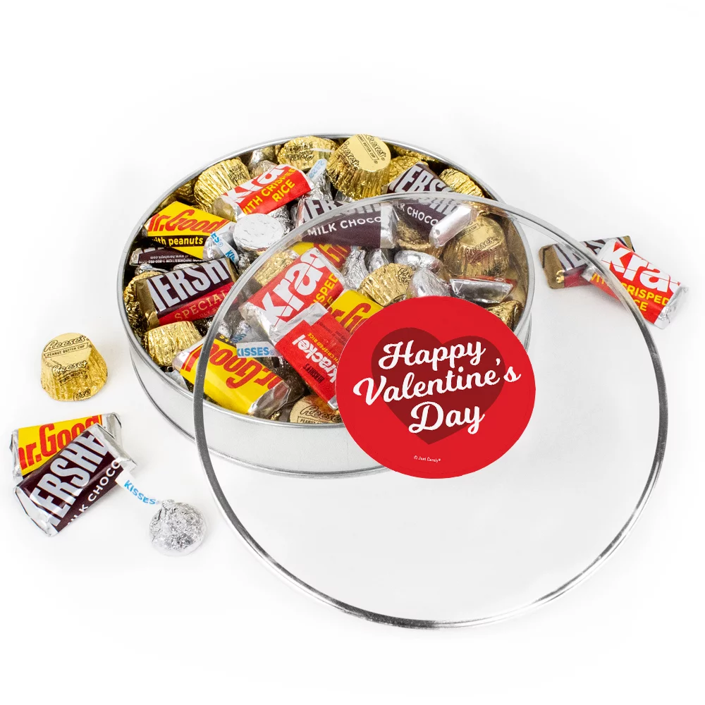 Valentine's Day Candy Gift Tin Silver Plastic Tin (Approx. 1lb, 60 pieces) Kisses, Miniatures & Peanut Butter Cups - Script Heart