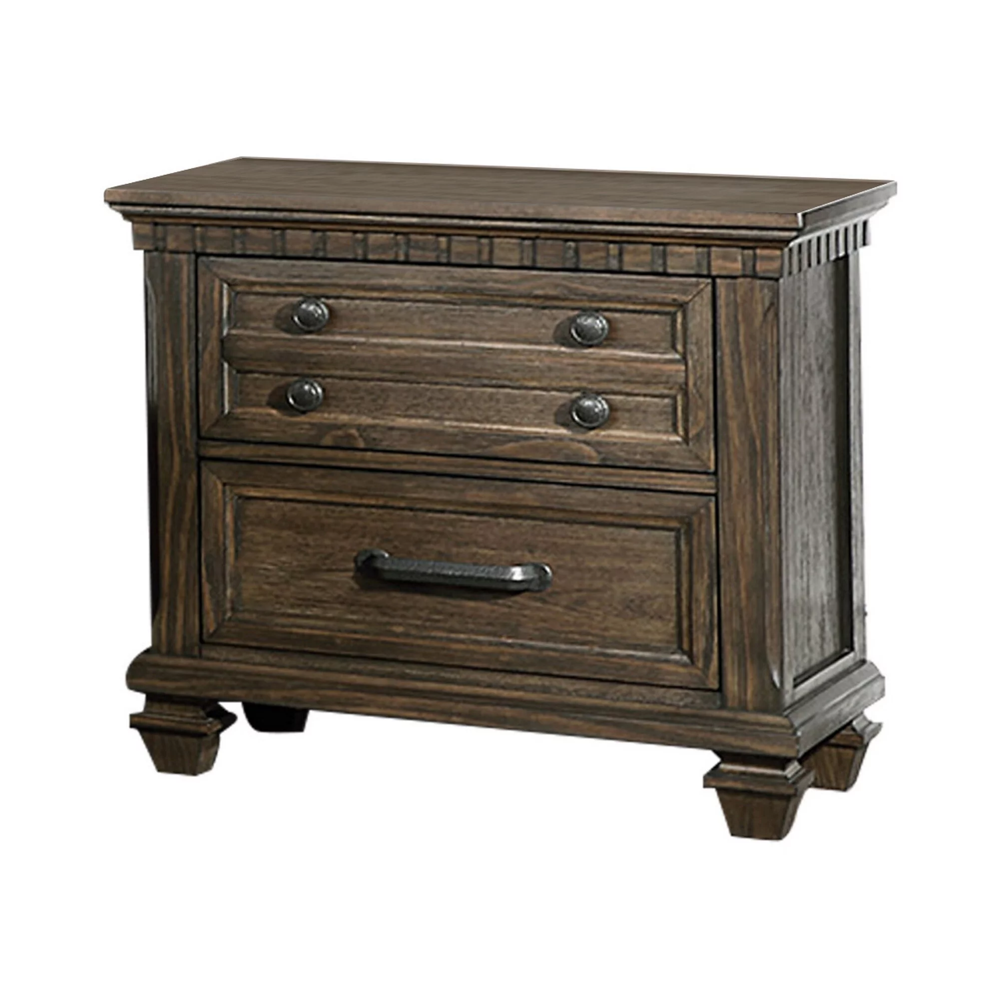 Ziv 29 Inch Classic Wood Nightstand, 2 Drawers, Metal Bar Handles, Brown