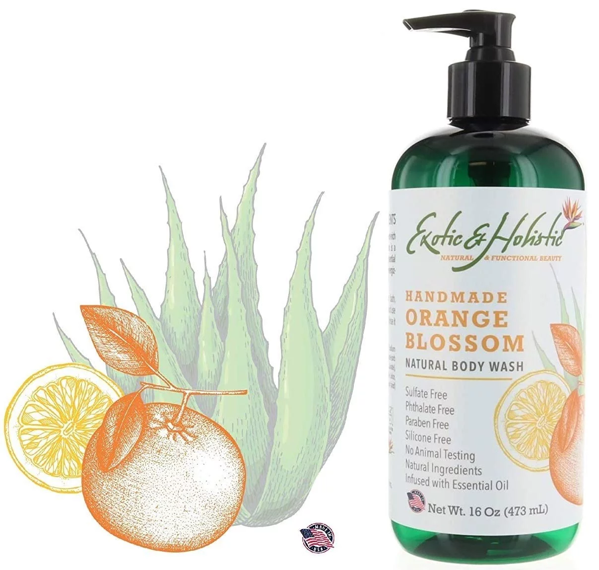 Orange Blossom and Lemon Infused with Essential Oil Natural Body Wash with Pump 16 FL, 473 mL by Exotic and Holistic