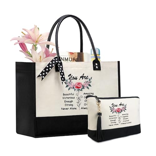 BeeGreen Mother's Day Gifts Personalized Women's Large White and Black Canvas Tote Bag, Embroidered Initials, Leather Handle, Zipper Closure