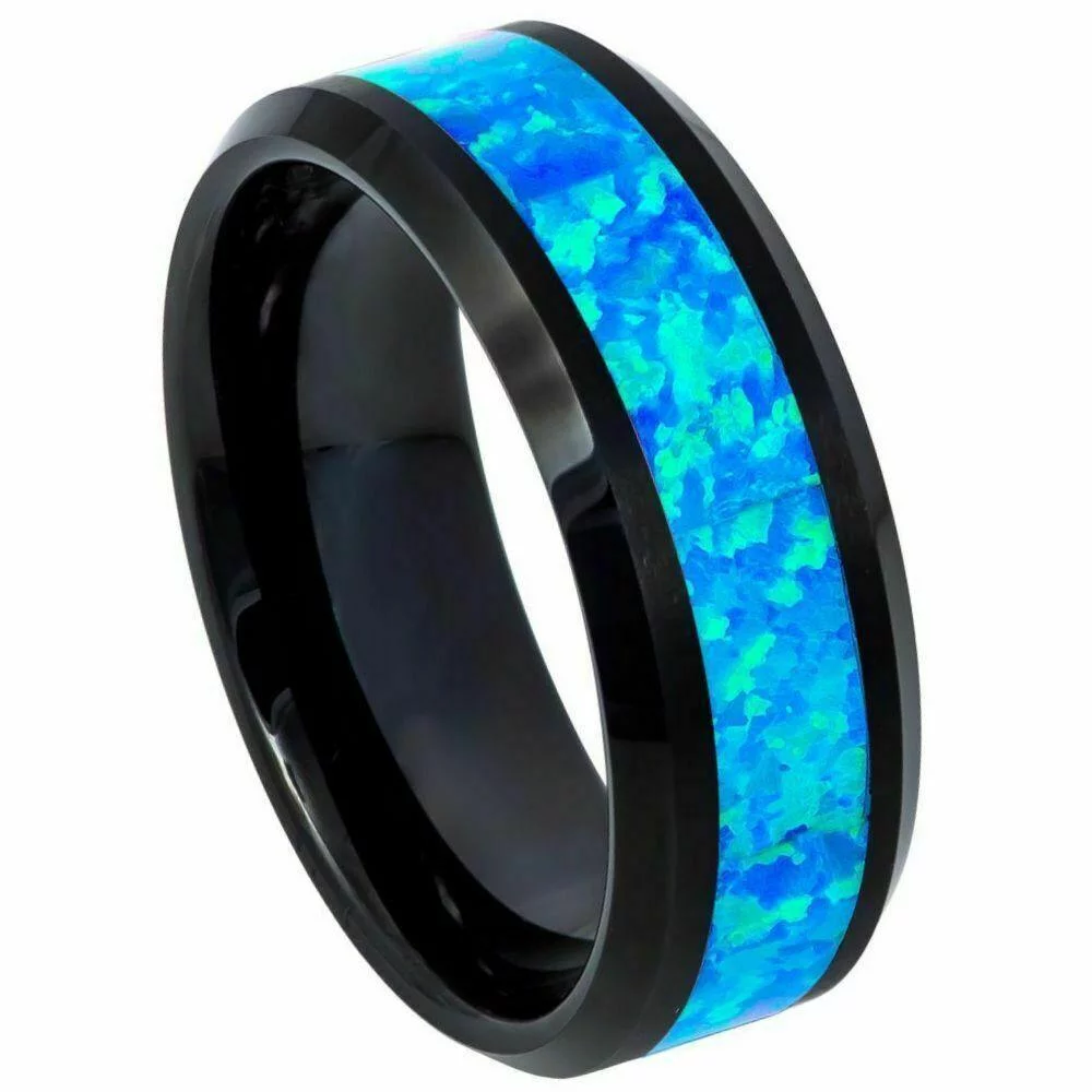 Tungsten Rings for Men Wedding Bands for Him Womens Wedding Bands for Her 8mm Hawaiian Ocean Opal Blue Inlay