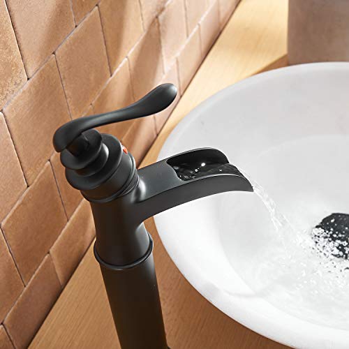 BWE Vessel Sink Faucet Waterfall Matte Black with Pop Up Drain Without Overflow and Supply Lines, Black Sink Faucet Bathroom One Handle Faucets Vanity Bath Mixer Tap