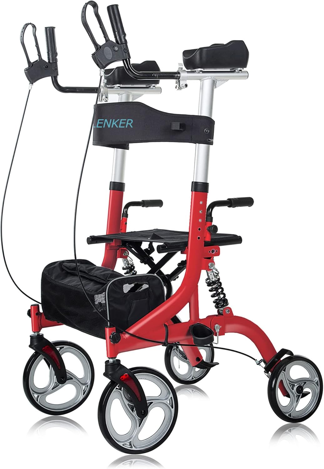 ELENKER Upright Rollator Walker, Stand Up Rollator Walker with Shock Absorber, 10” Front Wheels and Carrying Pouch, Suitable for Outdoor, Red