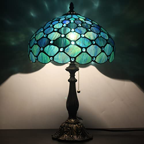 Tiffany Table Lamp Stained Glass Lamp 12X12X19 Inch Antique Reading Light (Sea Blue Pear)