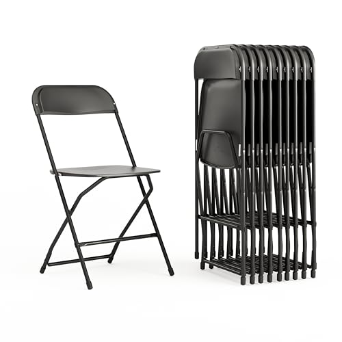 EMMA + OLIVER Set of 10 Plastic Folding Chairs - 650 LB Weight Capacity Lightweight Stackable Folding Chair in Black