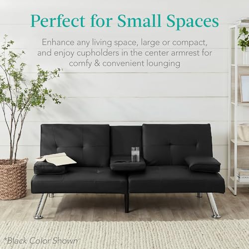 Best Choice Products Faux Leather Upholstered Modern Convertible Futon, Adjustable Folding Sofa Bed, Guest Bed w/Removable Armrests - Blue