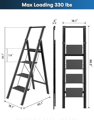 4 Step Ladder, Lightweight Portable Folding Step Stool with Anti-Slip Sturdy and Wide Pedal, 330lb Capacity, Perfect Multi-Use Aluminum Stepladder for Home Kitchen Office, Black