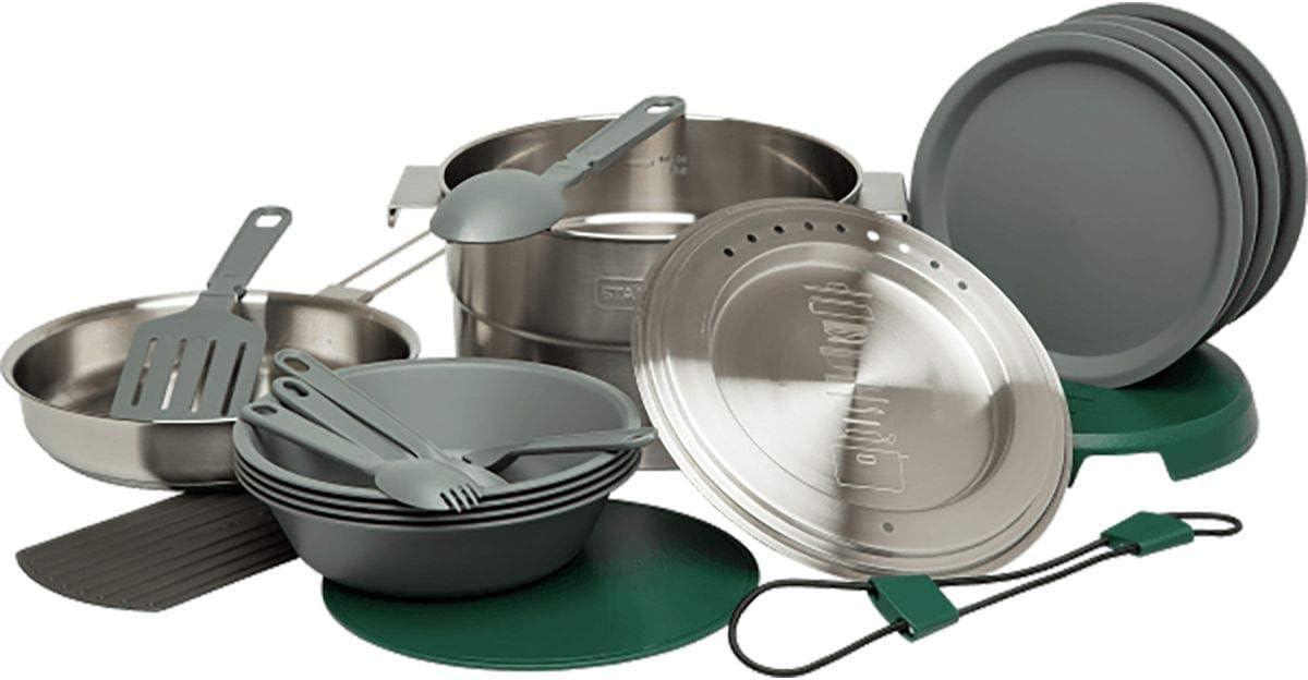 Stanley Base Camp Cook Set for 4 | 21 Pcs Nesting Cookware Made from Stainless Steel & BPA Free Material | Incl Pot, lid, Cutting Board, Spatula, Plates, Spoons, Forks, Bowls, Dish Rack, Trivet