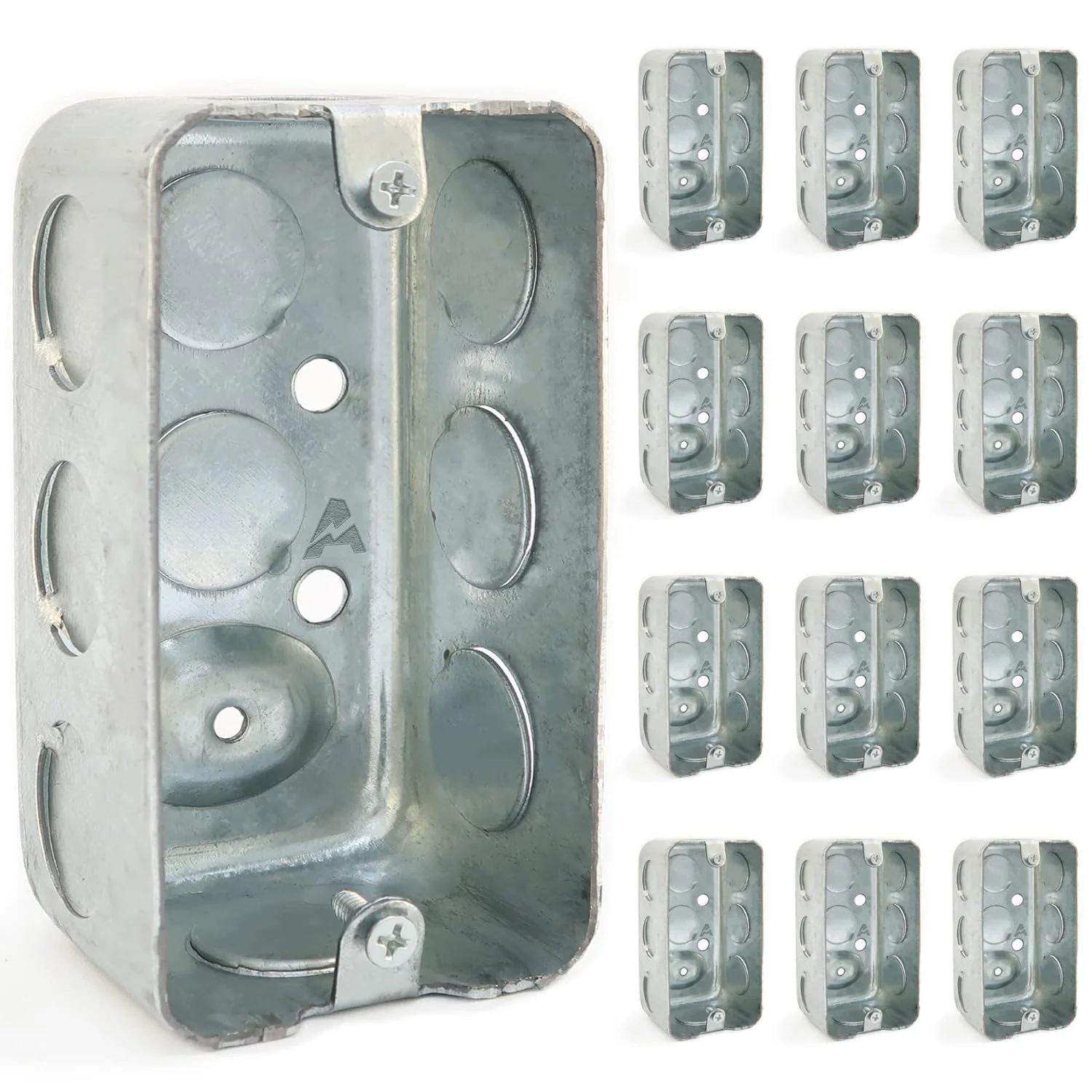 Of 12) 4X2 Inch Utility Size Single Gang Electrical Box, Handy Box, Ten 1/2 Inch Knockouts, Raised Ground, 13 Cu. In. Capacity, 1-7/8