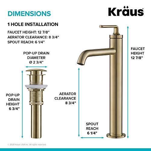 KRAUS Ramus Single Handle Vessel Sink Bathroom Faucet with Pop-Up Drain in Brushed Gold, KVF-1220BG