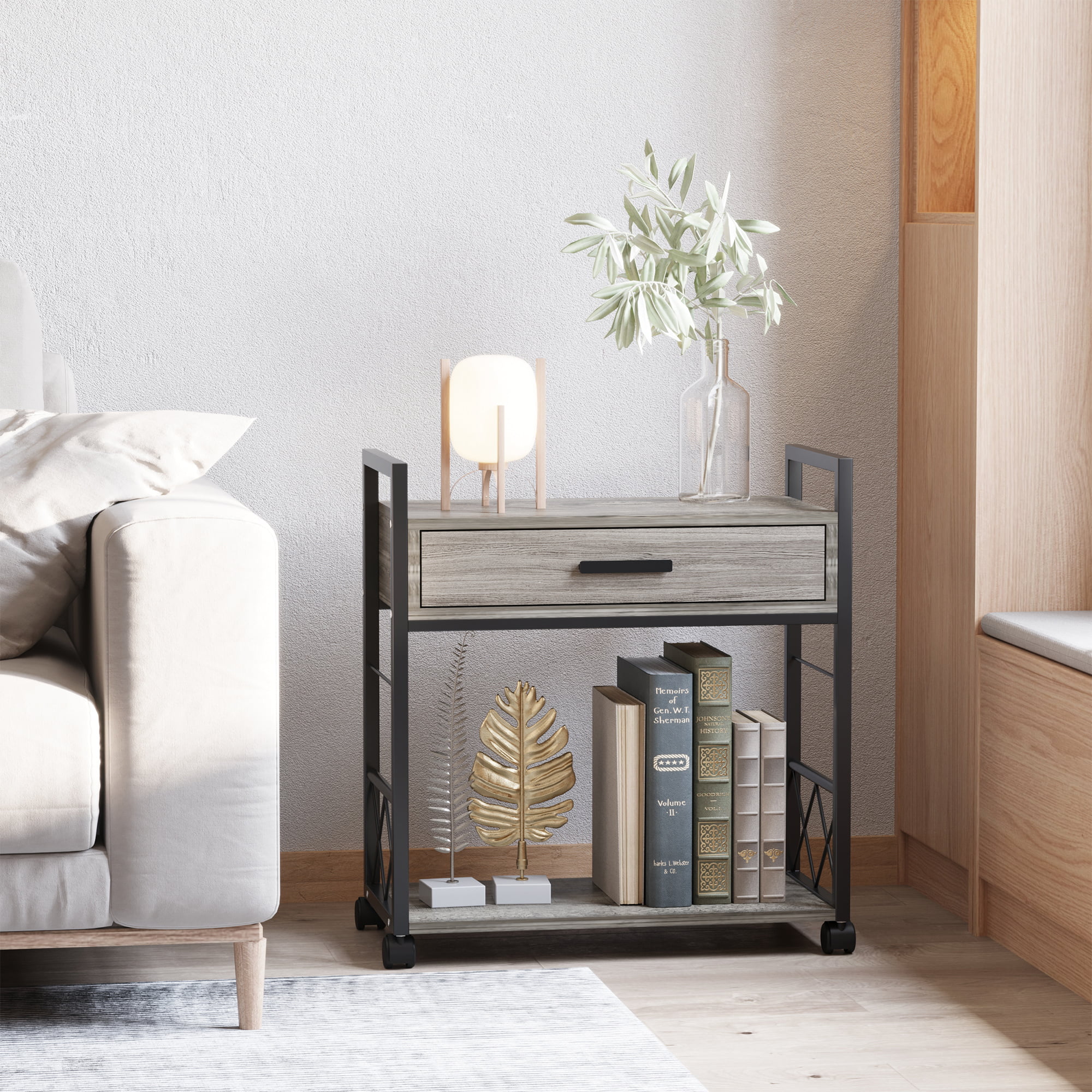 HOMCOM Industrial End Table with Drawer and Bottom Shelf, Mobile Side Table with 4 Wheels for Living Room, Bedroom, Grey