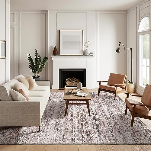 8x10 Area Rugs for Living Room, Stain Resistant Washable Rugs for Dining Room, Kitchen, Floral Vintage Non-Slip Thin Large Area Rug(Brown, 8'x10')
